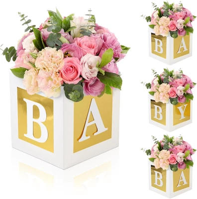 4 Piezas Cajas de Flores para Baby Shower Centros de Mesa Decoración Dorado Baby Block Flo Foto 1 de 4