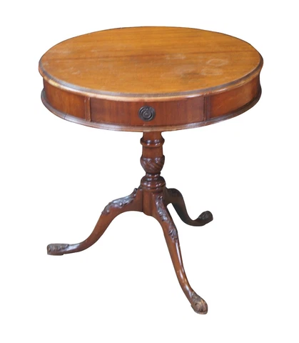 Antique English Georgian Style Mahogany Round Pedestal Drum Side Table Drawer Cover