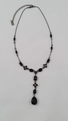 Collar Anne Klein AK Estilo Victoriano Negro Estrás Cadena Plata Y Lágrima Gota Foto 1 de 4