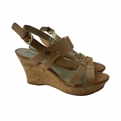 Guess Cork Wedge Heels Tan Open Toe Womens Size 8.5 Leather Upper Strappy Shoe - Image 1 of 4