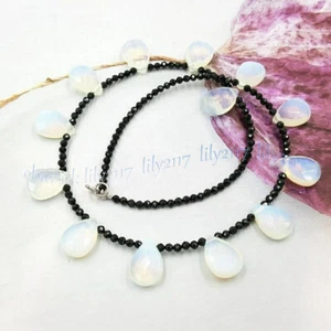 3mm Faceted Black Spinel 10x14mm White Opal Teardrop Gems Beads Necklace 18'' - Picture 1 of 6