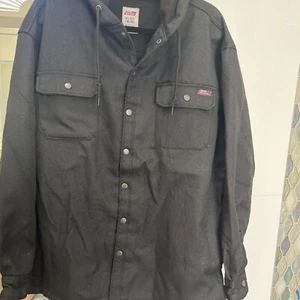 Dickies Fleece Lined Hooded Shirt Jacket Men XL 46-48 Black Pockets Snap Work - Picture 1 of 11