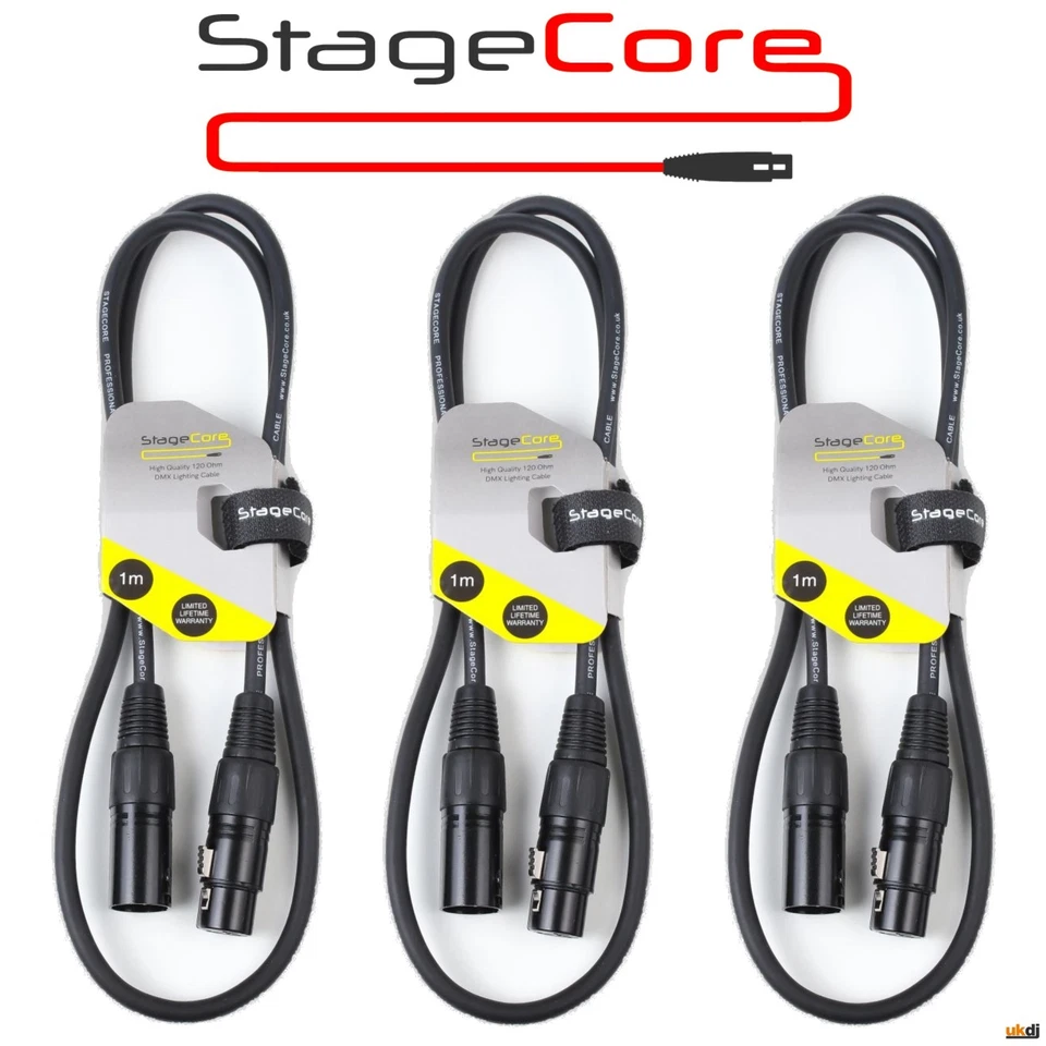 Pack of 3 Stagecore Black 3Pin XLR Male - Female Pro Quality 120Ω True DMX Cable