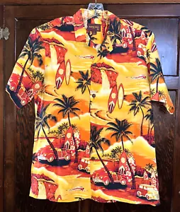 Hawaiian Shirt Men’s Aloha Moi Mens Orange Yellow Red Surf Vintage Cars Water - Picture 1 of 4