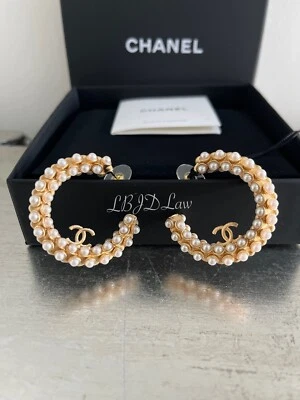 CHANEL XXL Pearl CC Hoops Earrings Pearly Gold NEW IN BOX RARE XL 2023 - Image 1 of 4