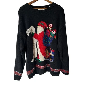 Vintage handgestrickter Weihnachtspullover XL Santa List Toys Glocke schwarz rot Verzierung - Bild 1 von 11