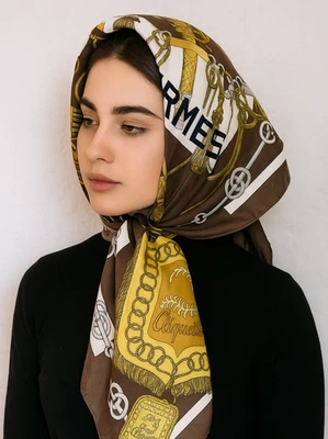 Auth Hermes Scarf Paris Cliquetis Sword Pattern Silk Brown 90 For Woman - Image 1 of 4