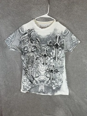Konflic Shirt Mens Medium White Gray Gothic Cross Allover Graphic Made USA - Image 1 of 4