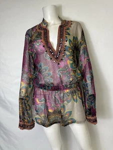 Monique Leshman Silk Floral Peacock Colorful Beaded Tunic Blouse Top Size L - Picture 1 of 8