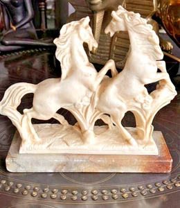 Antique Horses Sculpture Bone Flour Marble Base Europe Figurine Decor 8 inch - Picture 1 of 6