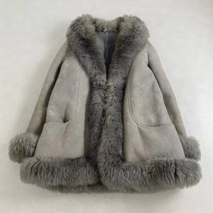ROTINY Greige Shearling Fur Coat Mouton Vintage Real Leather Jacket L US M Warm - Picture 1 of 24