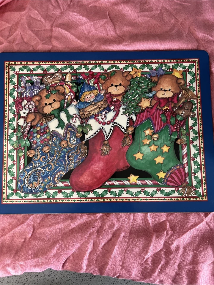 Juego de 3 Medias Vintage Navidad Oso de Peluche Manteles '91 Lucy Rigg  Foto 1 de 4