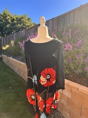 Alfani PM Blouse Pullover Sheer Sleeves Nylon Runs Small Black Red Flowers - Image 1 of 4