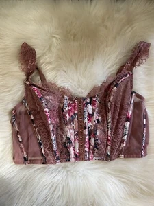 Victoria’s Secret Floral Satin Lace Mauve Floral Rose Gold Eyelet Bustier Top L - Picture 1 of 8