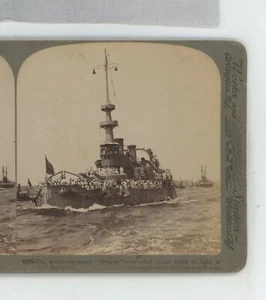 USS "Oregon" Último barco pre-dreadnaught Guerra Hispanoamericana Underwood Stereoview - Imagen 1 de 2