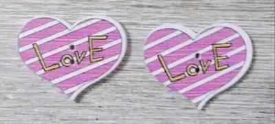 wood heart love sewing button 2 holes 1 inch white pink stripe 2pc set new - Image 1 of 2