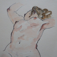 Pen & Ink and Watercolour Painting of a Female Nude in a Reclining Pose Censored