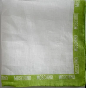 New MOSCHINO Solid White with Green Logo 100% LINEN Pocket Square Handkerchief - Picture 1 of 4