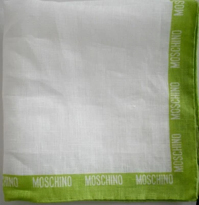 New MOSCHINO Solid White with Green Logo 100% LINEN Pocket Square Handkerchief - Image 1 of 4