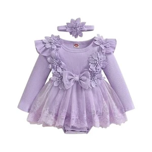 Baby Girl Fall Winter Romper Dress Floral Tutu Lace Knit Bodysuit Jumpsuit Cl... - Picture 1 of 8