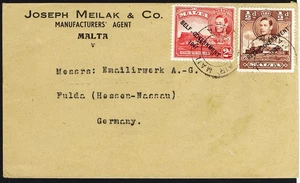 Malta nach Deutschland LUFTPOST Georg VI 2d Halfpenny Selbstverwaltung Anzeige 1949 - Bild 1 von 1