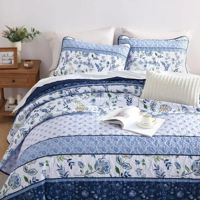 Juego de edredón azul marino tamaño queen, 3 piezas colcha a rayas florales se... Foto 1 de 4