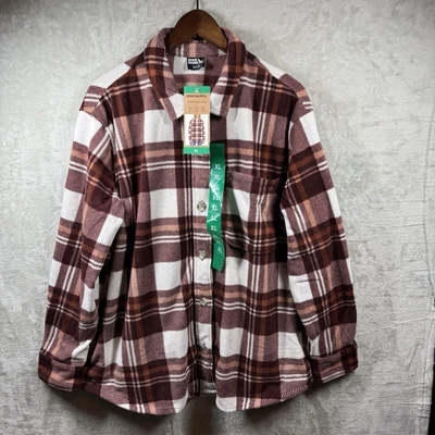 Eddie Bauer NUEVA Camisa/Chaqueta Mujer XL Microfleece Marrón Cuadros Bolsillos Abotonados Foto 1 de 4