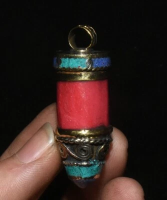 4.5CM Old Collection Tibet Bronze Inaly Turquoise Gem Exorcize Amulet Pendant - Image 1 of 4