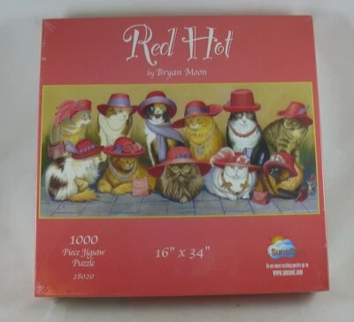 Red Hot Cats Red Hat Jigsaw Puzzle 1000pc Bryan Moon #28020 16x34" SEALED - Image 1 of 4