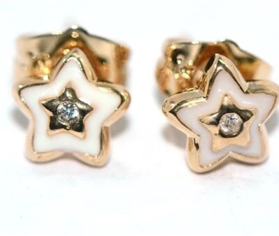 Lindos aretes pequeños nuevos de oro amarillo rellenos de esmalte blanco y circonita cúbica transparente estrella Foto 1 de 3