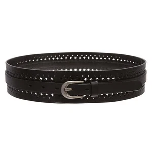 Women's 2 1/4" Wide High Waist Vintage Perforated Cowhide Leather Belt - Picture 1 of 30