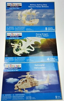 3 Creatology 3D Natural Wood Wooden Puzzles Dragon Sailing Ship Helicopter - Image 1 of 4