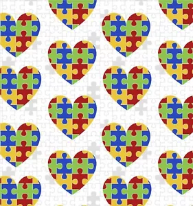 Autism Awareness Fabric - Digital Puzzle Piece Hearts White- David Textiles YARD - Picture 1 of 1