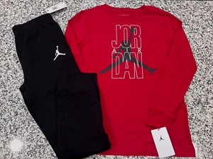 NWT NIKE AIR JORDAN BOY'S 2 PC SET RED LONG SLEEVE & BLACK JOGGERS L (12-13) - Picture 1 of 3
