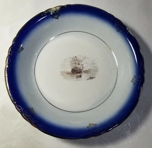 ANTIQUE FLOW BLUE PILGRIM SETTLERS SHIP. BOWL A4- 9"LA-FRANCAISE.VERY NICE 4 AGE - Picture 1 of 6