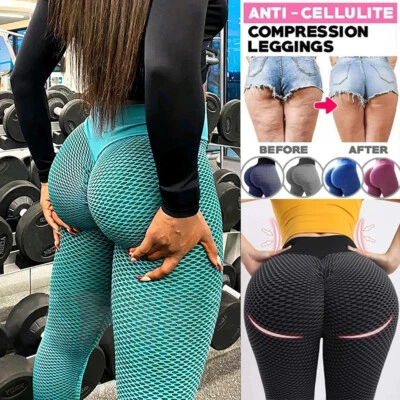 Mujeres Pantalones de Yoga Anticelulíticos Cintura Alta Scrunch Push Up Panal Leggings Foto 1 de 4