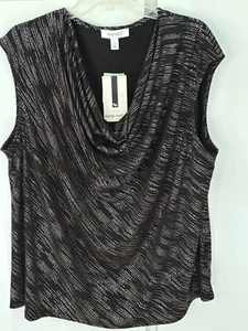 Top sin mangas NINE WEST negro/plateado 2X ~ cuello/cuello drapeado - Imagen 1 de 10
