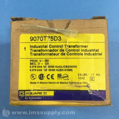 Square D 9070T75D3 Control Transformer, 75VA, 3.60 In. H FNOB - Image 1 of 4