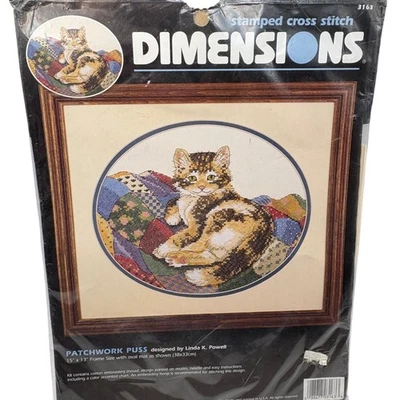 Dimensions 3163 Patchwork Puss Cat Stamped Cross Stitch Kit 15" x 13" New - Image 1 of 4