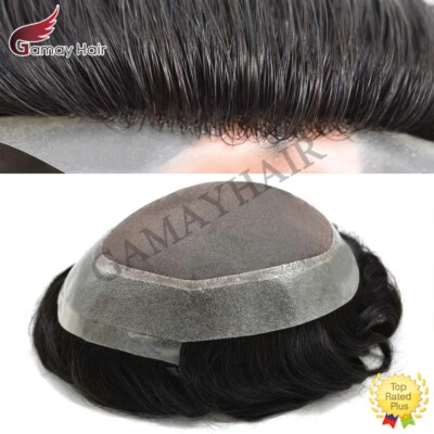 Mens Toupee Hairpiece Fine Mono Poly Human Hair Replacement System Wigs for Men - Image 1 of 4