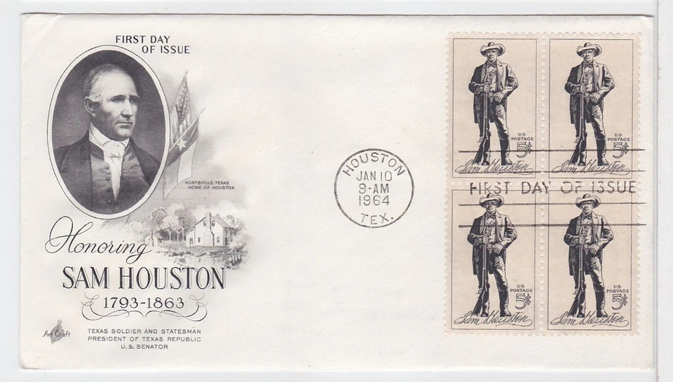 TurtlesTradingPost- Sam Houston #1242- 1964 FDC Artcraft Cachet- Block of 4 - Image 1 of 1