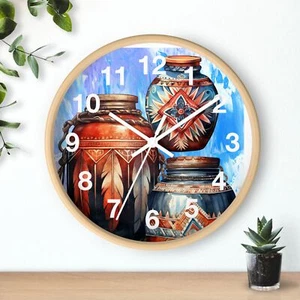 Native Indian Crafts Hand Made Pottery Art Wall Clock All Wood Frame - Picture 1 of 19