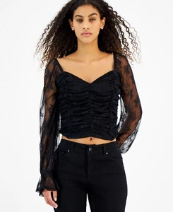 Self Esteem Juniors Ruched Lace Sheer Sleeve Sweetheart Neck Top NEW M Black - Picture 1 of 2