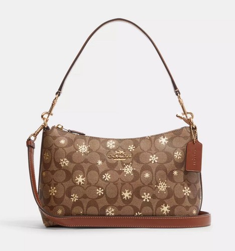 Borsa a tracolla Coach Clara nuova con etichetta in pelle firmata con stampa fiocco di neve kaki