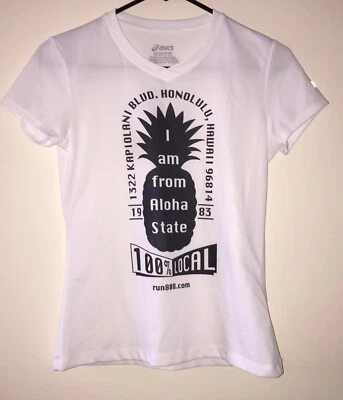 Aloha State ASICS T-Shirt Pineapple Mujer’s XS Runners Route Hawaii Blanco Azul Foto 1 de 4