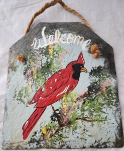 Vintage Rustic Lodge Cabin Slate Hand Painted Welcome Sign Cardinal Birds 11x9" - Picture 1 of 9