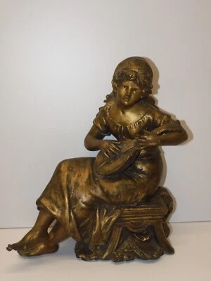 -JOLI ANCIEN SUJET REGULE Doré SUJET  PENDULE XIXe JEUNE FILLE à la MANDOLINE  D - Photo 1/4