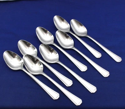 SET OF  8  GLOSSY ASCOT  TEASPOONS  RETRONEAU 18-8 STAINLESS STEEL FLATWARE - Image 1 of 4