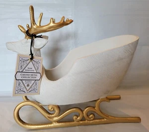 Bar Ware Deer Sleigh Serving Bowl Casted Iron Collection White Gold Christmas - Picture 1 of 8