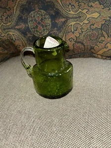 VTG Pilgrim Green Square Crackled Glass Mini Pitcher~ Creamer Clear Handle - Picture 1 of 7